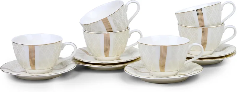 Shallow Shallow Porcelain Amara Tea Cup & Saucer Set, 220ml (6 Cups, 6 Saucer, White) || Luxurious Tea Cup, Coffee Cup